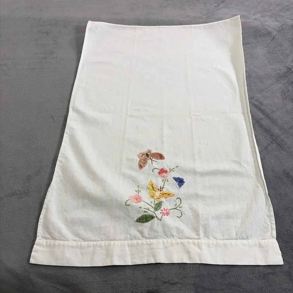 2 Vintage Floral Hand Embroidery Appliqué Cotton Guest Towels - Butterflies